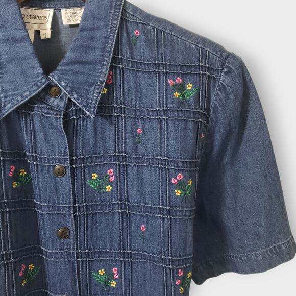 Karin Stevens Denim Floral Embroidered Button Maxi Dress Sz 12 Cottage Grandma - Picture 3 of 12